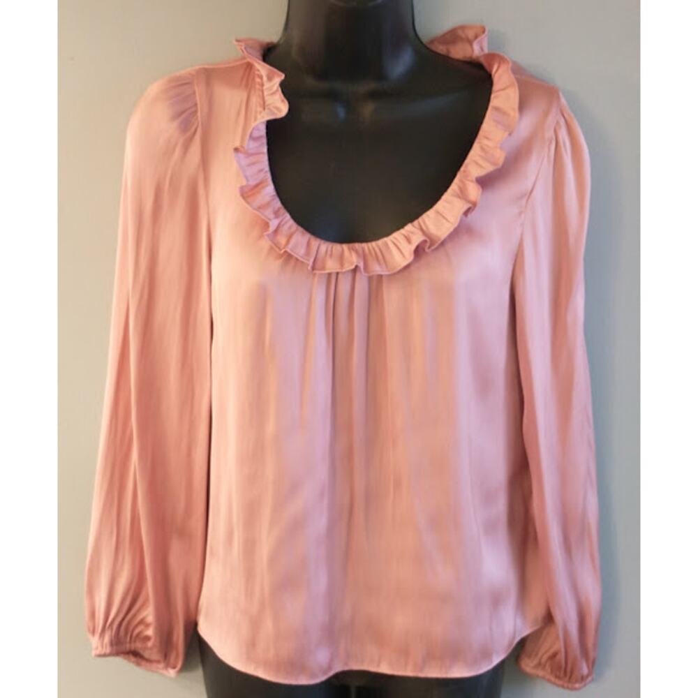 J Crew Woman Pink Satin Blouse Shirt Top With Ruffle Scoop Neckline Small